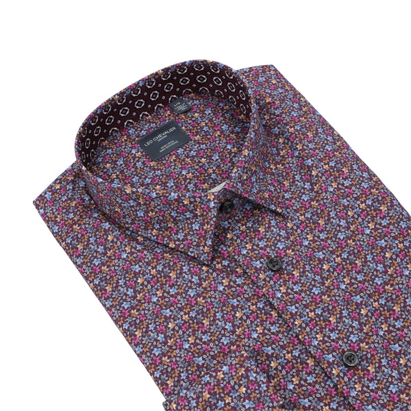 Multi Burgundy Leaf Print 100% Cotton Non-Iron Shirt