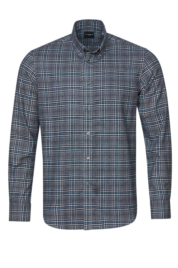 Chemise à carreaux gris et bleu en flanelle de coton brossé