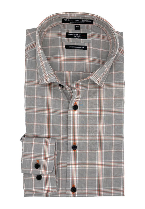 Adjusted Fit Grey and Orange Plaid Non Iron Dress Shirt