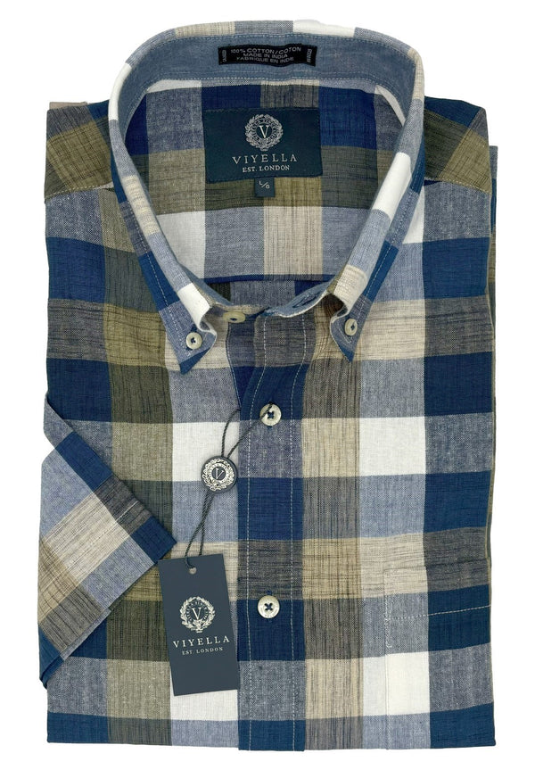 Viyella 100% Madras Cotton Blue and Green Check Shirt