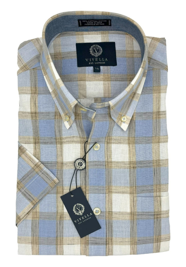 Viyella 100% Madras Cotton Beige and Blue Shirt