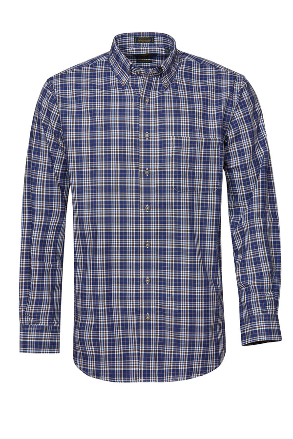 Chemise Viyella Chambray à carreaux bleus et bruns fabriquée au Canada